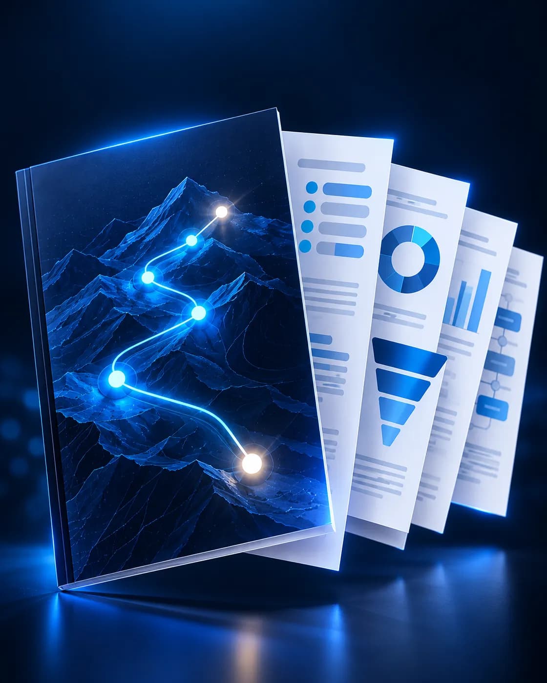 Sample layout of a Growth Map report: a cover with a route traced across mountains, and pages of placeholder lists and charts