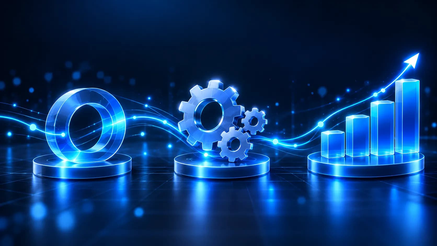Abstract illustration: a ring, gears and rising bars joined by a line of light, for Attract, Automate and Scale