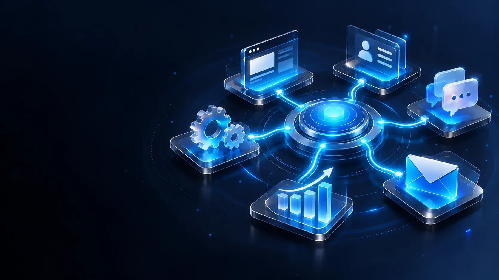 Illustration: a glowing central hub connected to a website, contact card, chat, gears, email and a rising chart, one connected system