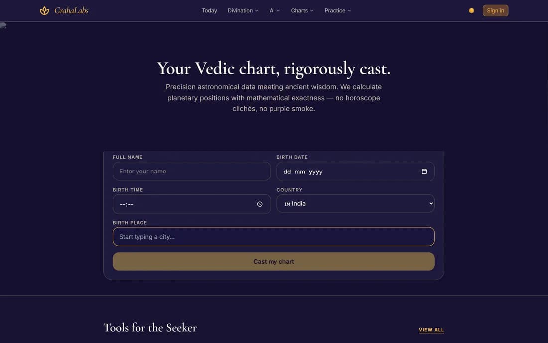Homepage of the GrahaLabs astrology platform