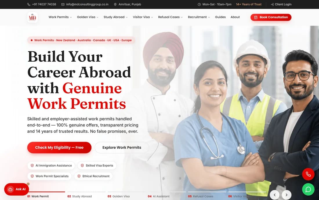 Homepage of the MD Consulting Group immigration consultancy website