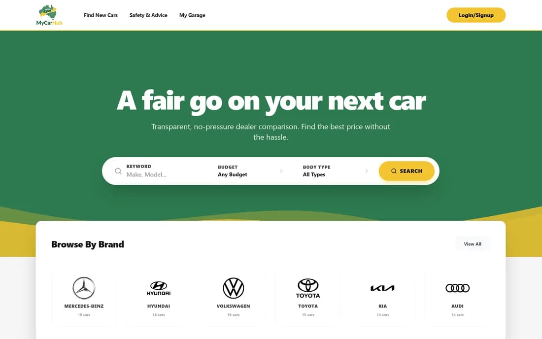 Homepage of the MyCarHub car-comparison marketplace