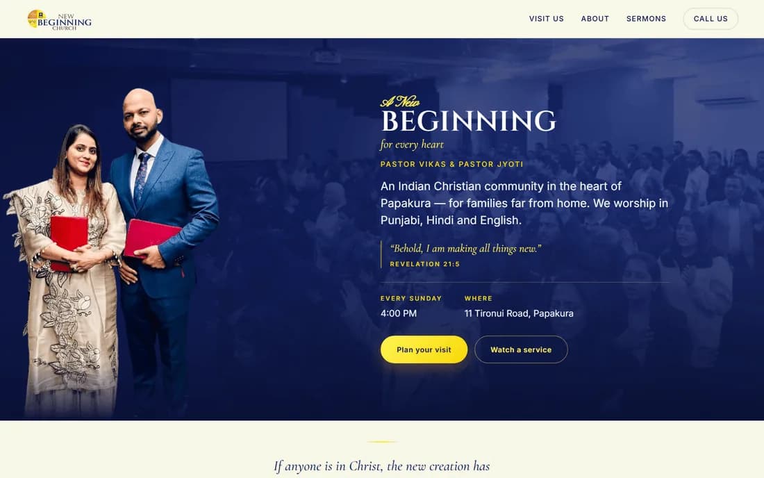 Homepage of The New Beginning Church website