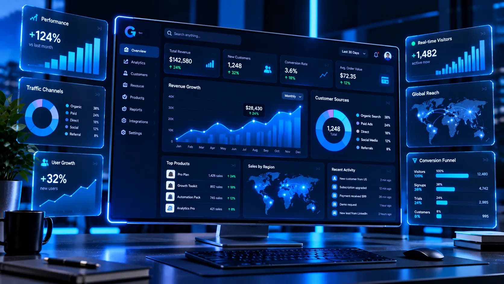 Concept illustration: a business intelligence dashboard with revenue, channel and conversion panels