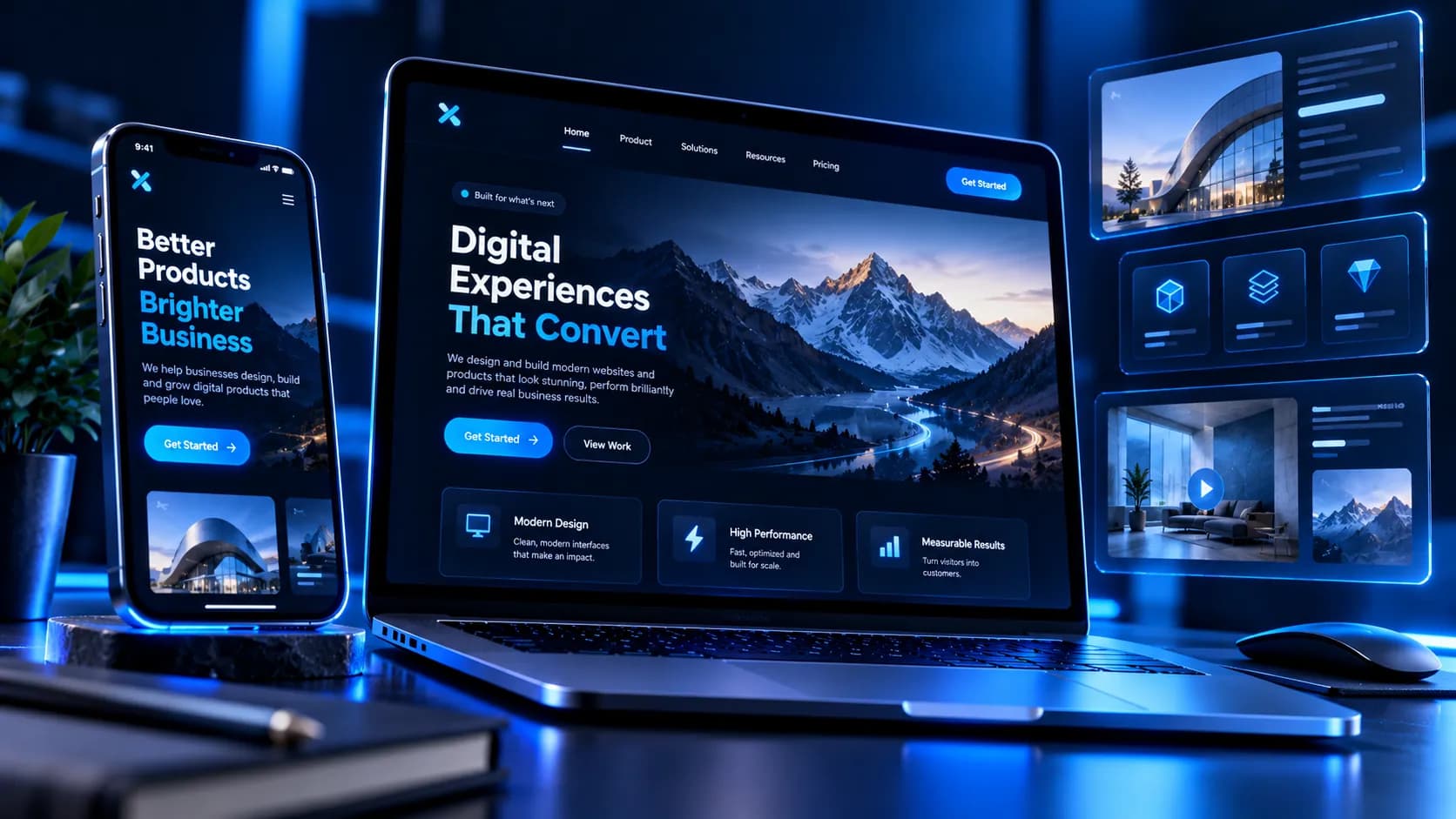 Concept illustration: a responsive brand website shown on a laptop, a phone and floating content panels