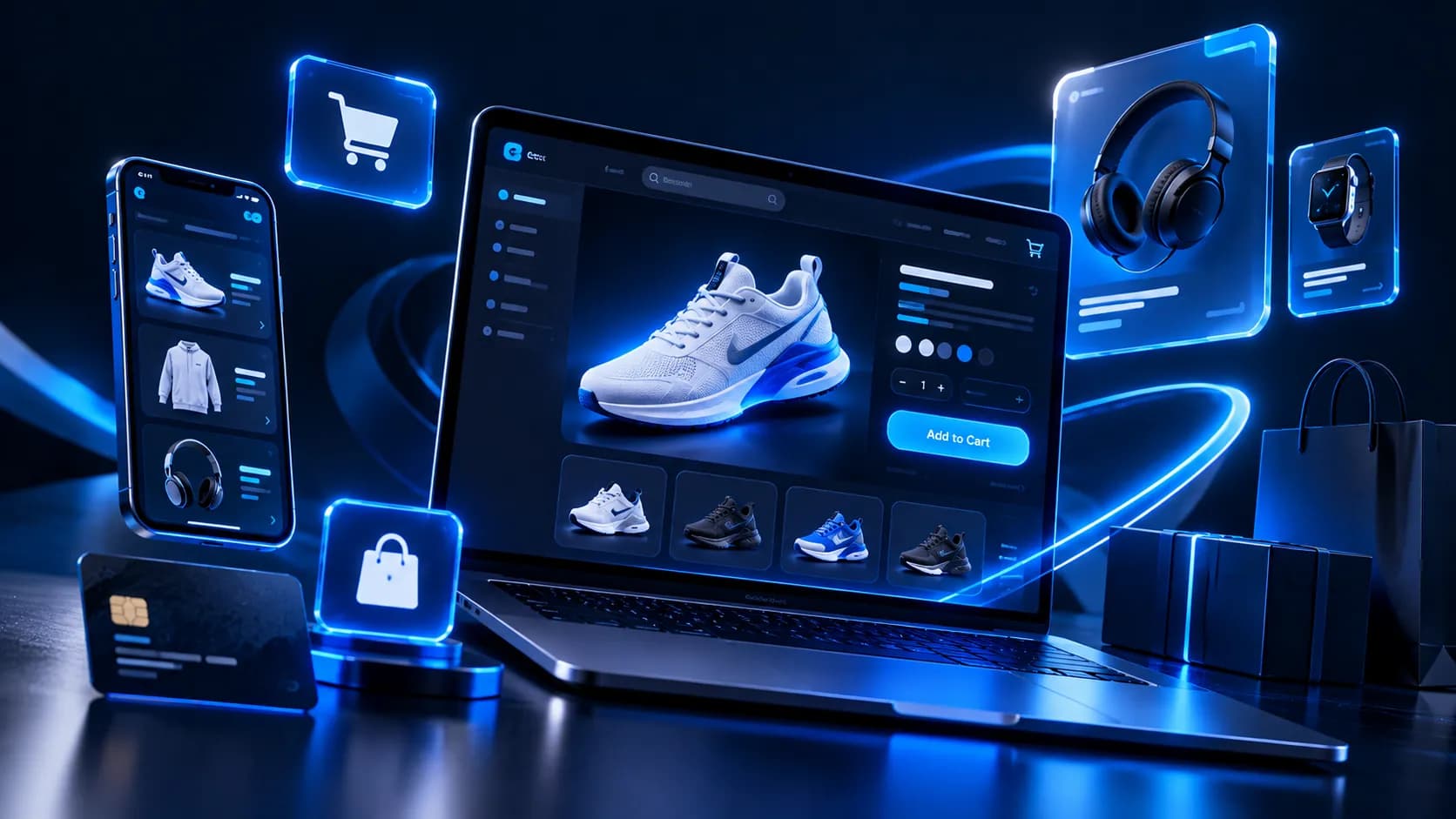 Concept illustration: an online store shown on a laptop and phone, with product and checkout panels