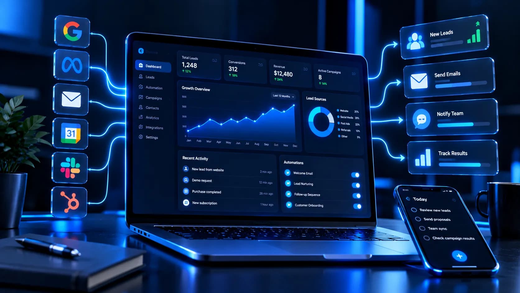Concept illustration: an operations dashboard connecting enquiries from several channels to automated follow-up steps